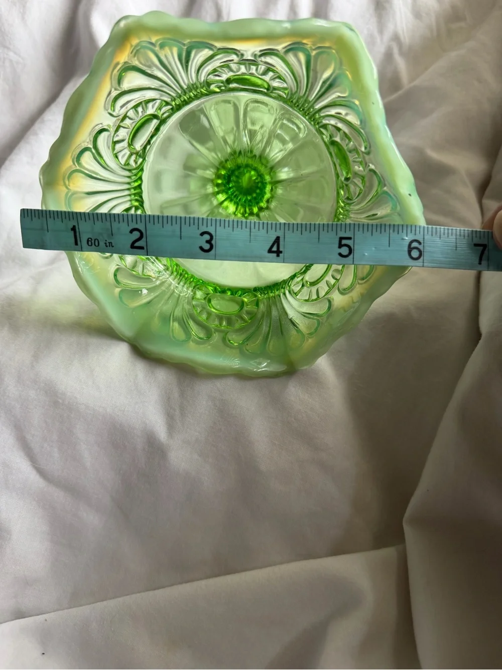 Green opalescent compote dish Northwood By the Glass Company.